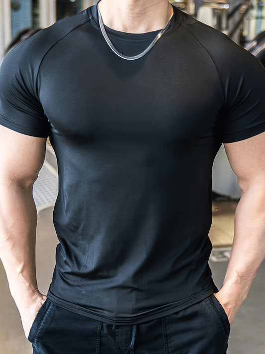 Տղամարդու բարակ, արագ չորացող մարզական մարզաշապիկ - շնչող, ձգվող, միագույն, կլոր վզնոցով մարզաշապիկ մարզասրահի համար, ամառային առօրյա հագուստ, մարզասրահի հագուստ, նորաձև տղամարդու արագ չորացող մարզաշապիկ։