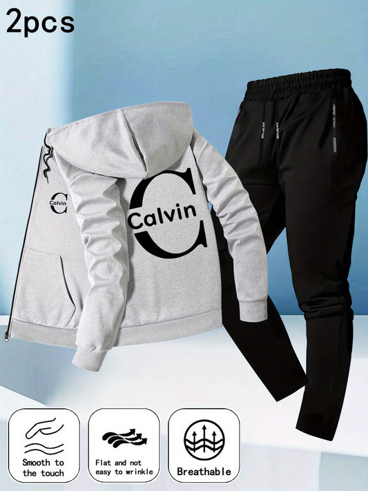 Տղամարդկանց նորաձև աշուն-ձմեռ գլխարկով բաճկոնի հավաքածու՝ Calvin-ի նախշերով, առօրյա երիտասարդական սպորտային հագուստ