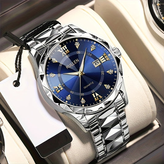 Men'S Business Style Stainless Steel Quartz Watch with Alloy Case, Blue Round Dial & Golden-Tone Accents - Battery-Powered, Non-Rechargeable - Ideal for Valentine'S Day, Thanksgiving, Ramadan Gifts, Business Casual Watch|Slee