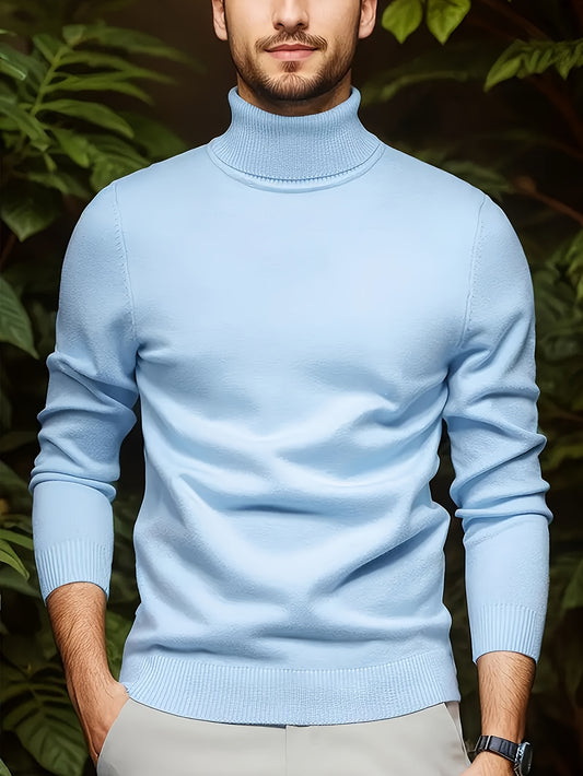 Men's Sleek Light Blue Turtleneck Sweater - Casual Knit Pullover with Ribbed Cuffs, Long Sleeves for Fall/Winter, Soft Viscose Blend - ayq