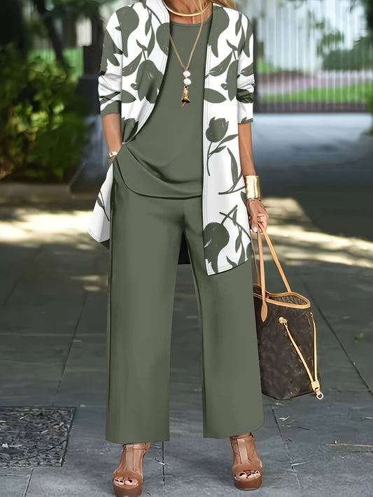 Կանացի 3 հատանոց հավաքածու, ծաղկային նախշերով կարդիգան, միագույն կամիով և լայն տաբատով, առօրյա հագուստի համար