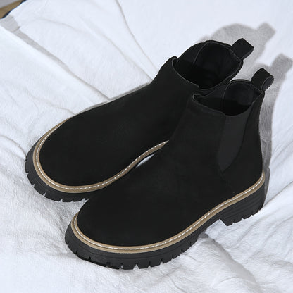 [Durable] Women's Black Ankle Boots - Comfortable Slip-On, Thick Sole, Elastic Side Straps, Round Toe, Casual Street Style, Versatile for All Seasons