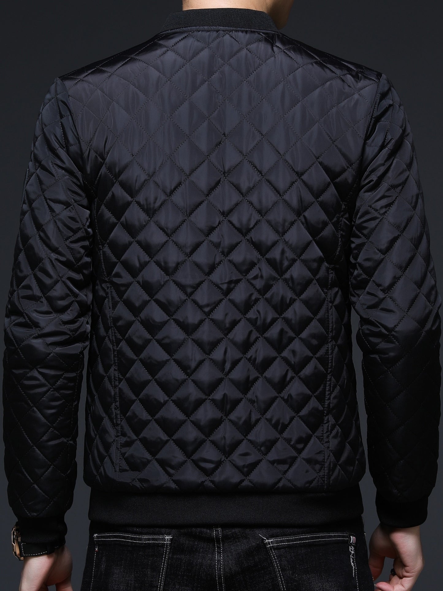 Men's Casual Quilted Zip Up Jacket, Chic Baseball Collar Jacket For Fall Winter