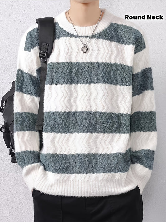 Men's Winter Warm Sweater - Striped Round Neck Pullover with Color-Blocking Suitable for Layering, Hand Washable Casual Sweaters for & (Autumn/Winter)