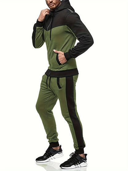 Տղամարդու առօրյա վերնաշապիկի հավաքածու՝ աշնանային և ձմեռային համար, որը ներառում է գլխարկով սվիտեր և սպորտային կարդիգան՝ պատչվորք դիզայնով։