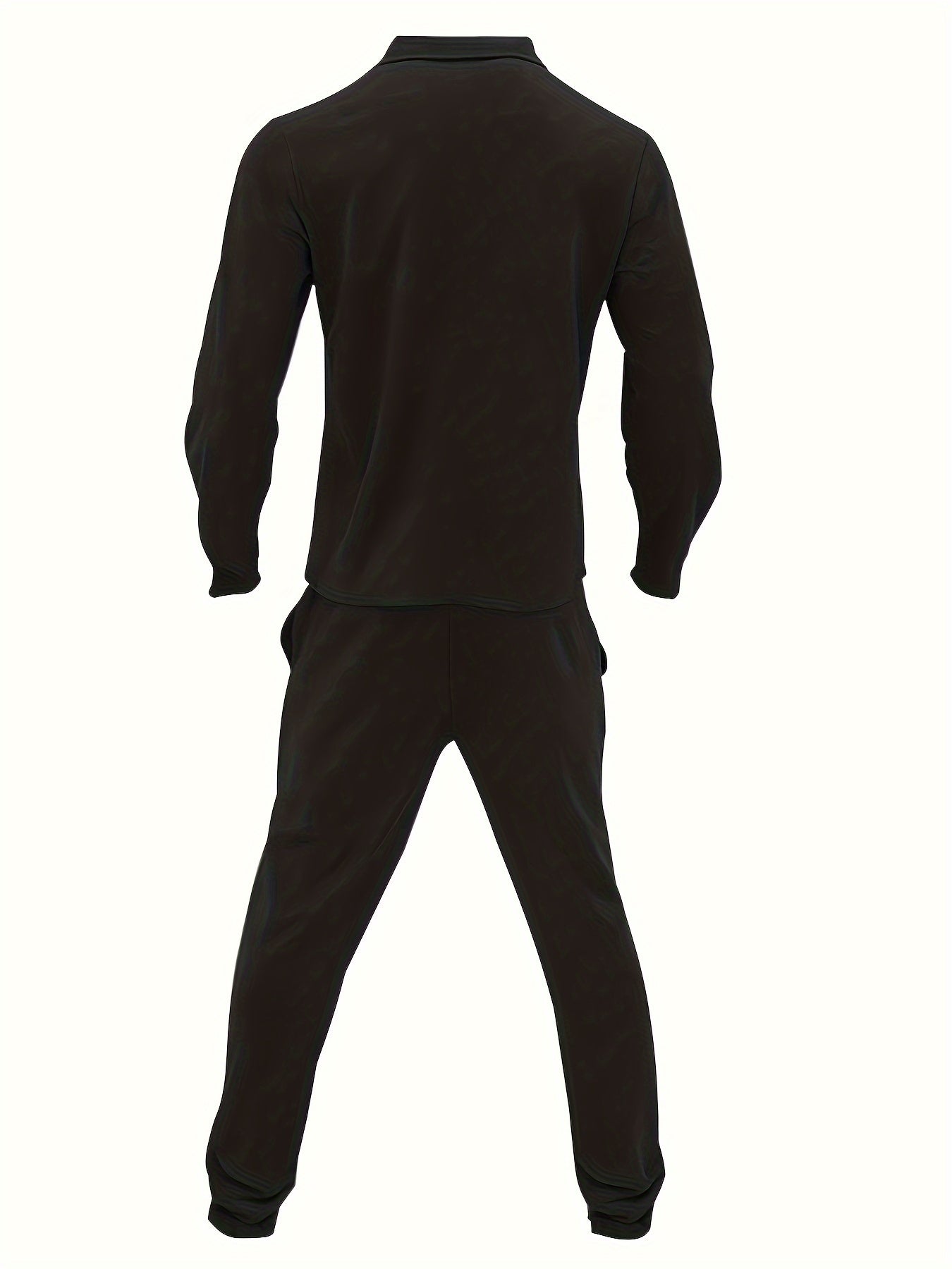 Տղամարդու 1 հավաքածու՝ միագույն պոլիեսթերից պատրաստված առօրյա հագուստ՝ երկար թևքերով, կոճակներով և օձիքով բաճկոնով, գրպաններով և լարով երկար տաբատի հավաքածու՝ աշուն/ձմեռ