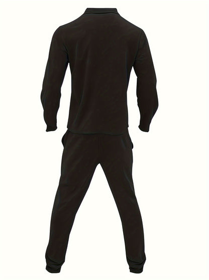 Տղամարդու 1 հավաքածու՝ միագույն պոլիեսթերից պատրաստված առօրյա հագուստ՝ երկար թևքերով, կոճակներով և օձիքով բաճկոնով, գրպաններով և լարով երկար տաբատի հավաքածու՝ աշուն/ձմեռ