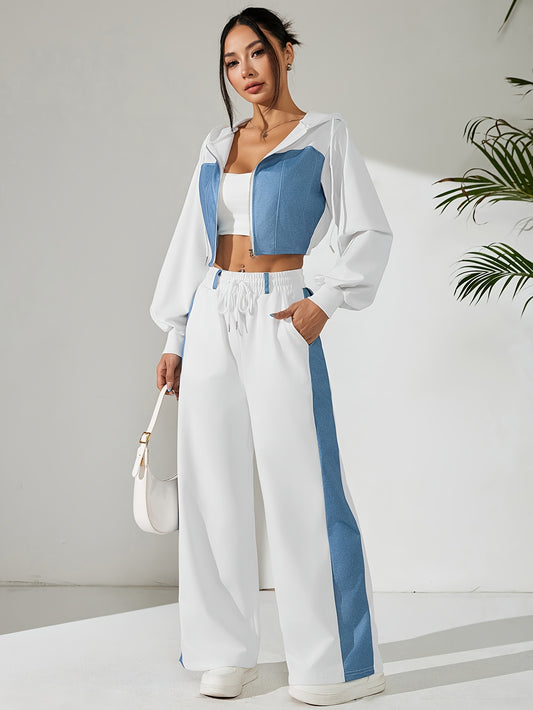 Women'S Stylish Two-Piece Set - Blue & Black Zip-Up Hoodie with Pockets, Long Sleeve Crop Top, and Wide-Leg Pants, Perfect for Spring/Fall, Casual Elegance, Casual Attire|Modern Casualwear|Zippered Hoodie