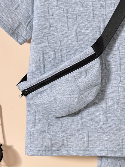 Տղաների համար նախատեսված ոճային սպիտակ կարճ թևքով մարզաշապիկ + առօրյա շորտեր + նորաձև կրծկալով պայուսակի հավաքածու, իդեալական է բացօթյա օգտագործման համար