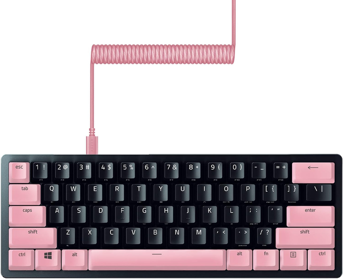 Razer Huntsman Mini 60% Gaming Keyboard + PBT Keycap + Coiled Cable Upgrade Set Bundle: Mercury White/Clicky Optical - Quartz Pink