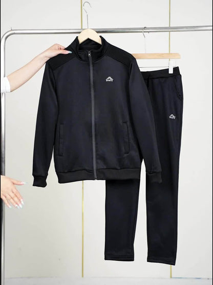 Men'S Casual Sportswear Set - Black Zip-Up Jacket & Pants with White Logo, Regular Fit, Spring/Fall Collection, Non-Stretch Fabric, Casual Attire|Zipup Jacket|Pants with Logo, Sweater Pants