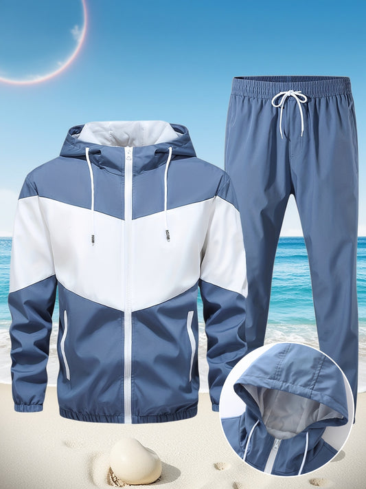 Տղամարդու ամենօրյա 2 կտորից բաղկացած հագուստ, ոճային գունային բլոկներով, կայծակաճարմանդով և գլխարկով բաճկոն, շնչող միագույն տաբատ՝ լարերով