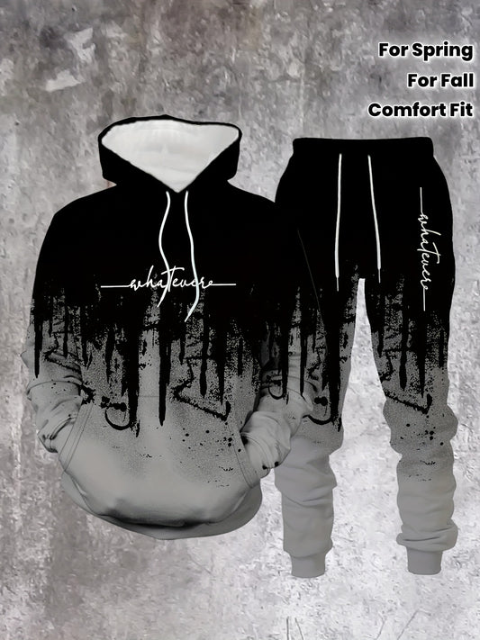 Տղամարդու առօրյա վերնաշապիկի և սպորտային տաբատի հավաքածու - սև և կարմիր հակադրությամբ, տառերի նախշերով, հարմարավետություն գարնան/աշնան համար