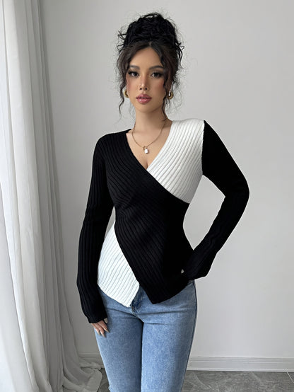 Կանացի էլեգանտ, գունային բլոկներով երկար թևքերով շապիկ - V-ձև, նեղ չափսերով և վարդագույն, հարմարավետ և նորաձև գարուն/աշուն, բազմակողմանի առօրյա կամ շքեղ հանդերձանք, բազմակողմանի նորաձևություն | V-ձև վերնաշապիկ | Շինարարություն, կանացի շապիկներ