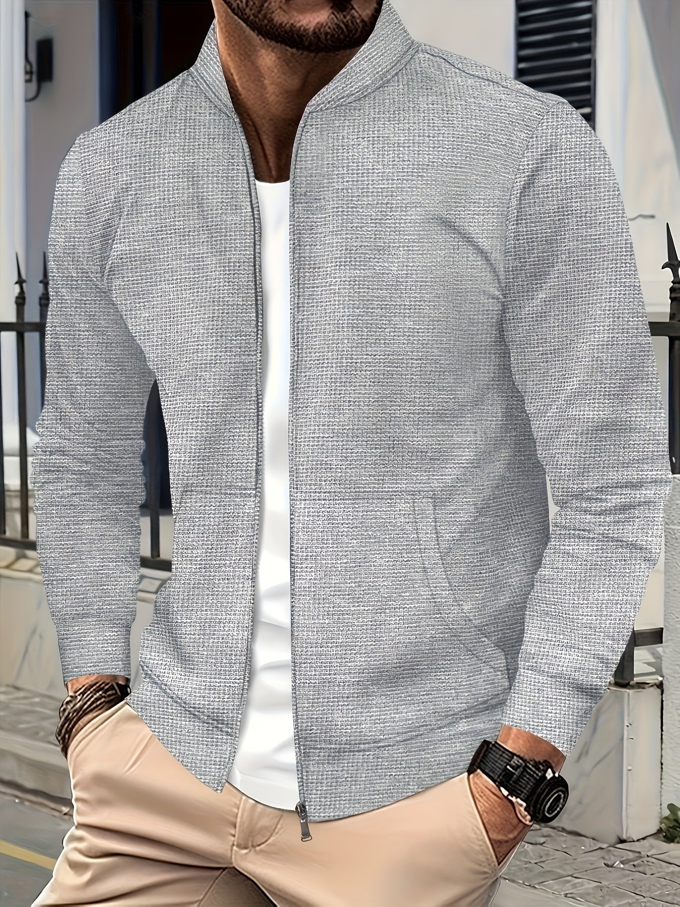 Տղամարդու թեթև բաճկոն՝ կանգնած օձիքով - առջևի կայծակաճարմանդով փակվող, սովորական չափսի, առօրյա և պաշտոնական հագուստի համար - Գարուն/աշուն վերնազգեստ սպիտակ/չեզոք երանգներով - Հեշտ խնամքի կայծակաճարմանդով բաճկոն