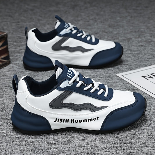 Men's Breathable Color-Block Low-Top Running Shoes - White  Navy Blue Contrast Design, Durable PU Upper  PVC Sole, All-Season Non-Slip Traction for Gym, Jogging, Casual Wear, Jogging Footwear   Sporty Look   Fabric Lined In
