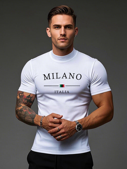 Տղամարդու Milano Italia տպագիր ամենօրյա շապիկ - կիսաօձիքով, կարճ թևքերով, թեթև գործվածքով, գարուն/ամառ հավաքածու, սև՝ սպիտակ լոգոտիպով, փափուկ և հարմարավետ՝ ամենօրյա հագուստի համար