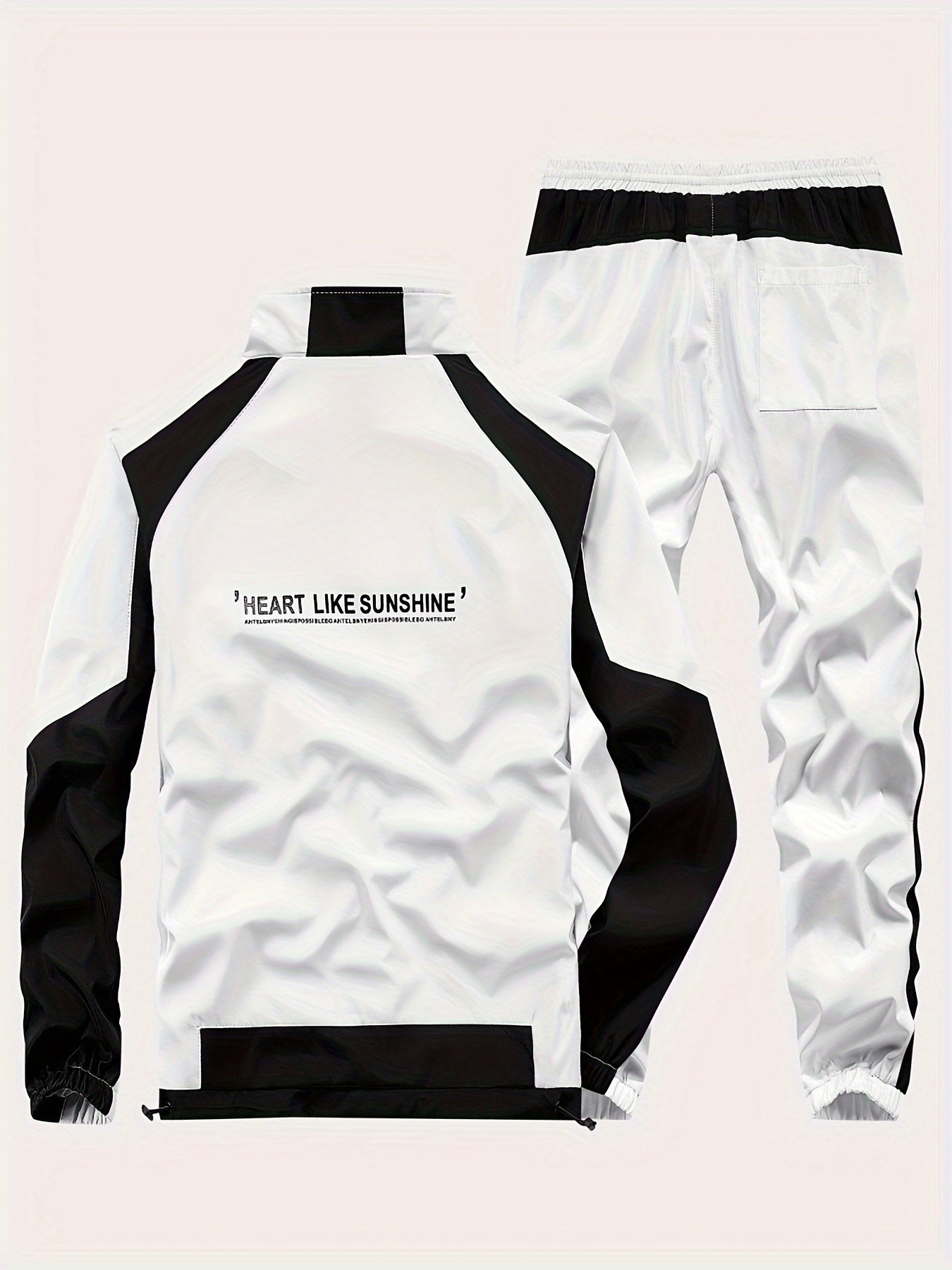 Գարնան և աշնան համար նախատեսված սպորտային հագուստի համալիր, որը ներառում է կանգնած օձիքով և սև ու սպիտակ գծավոր երկար տաբատով ճարմանդով բաճկոն, ոճային հանդերձանք, որը հիանալի նվեր է, քրտինքից պաշտպանված, միայն ձեռքով լվանալ, մարզումների համար աքսեսուար: