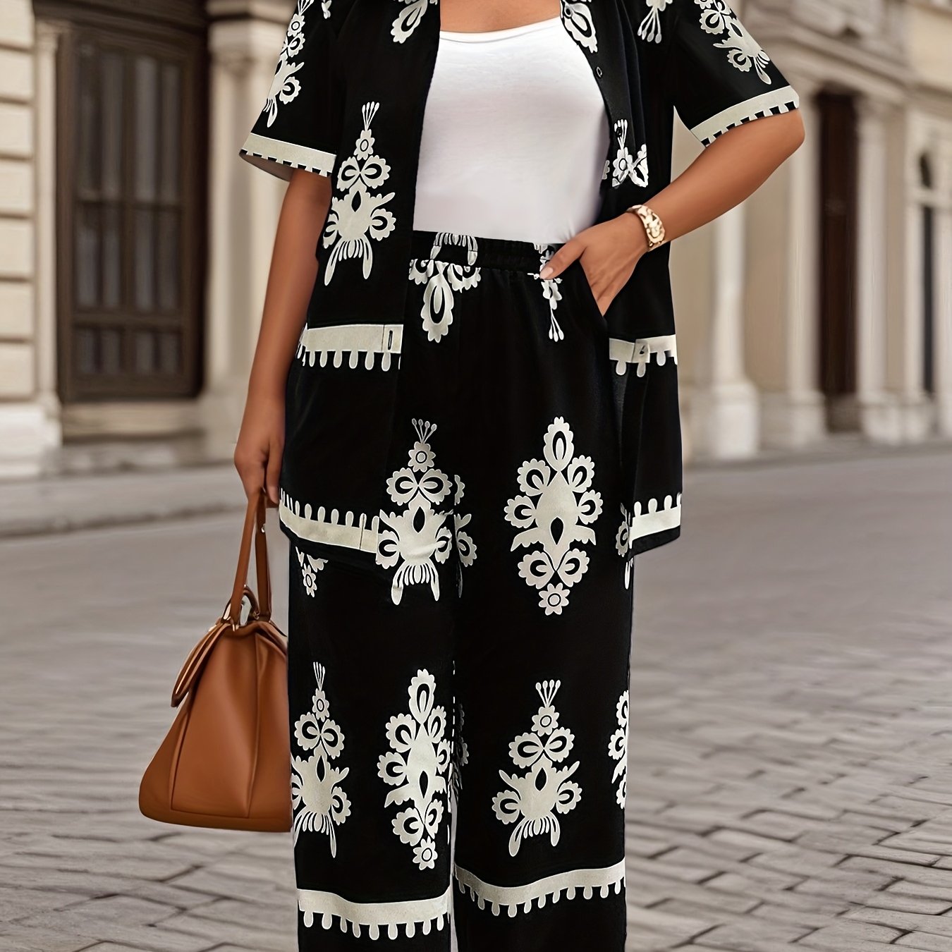 Casual Country Print Pattern Loose Short Sleeve Top and Pants Two-Piece Set Summer Clothes, Elegant Summer Evening Mist