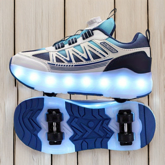 Youth Skate Shoes with LED Lights, Four-Wheel Detachable, Street Fashion, Trendy Style, Random Pattern, All-Season, Sports and Outdoor Scene, Roller Skating, Rotary Buckle Closure, Breathable and Adjustable Brightness, Upper,