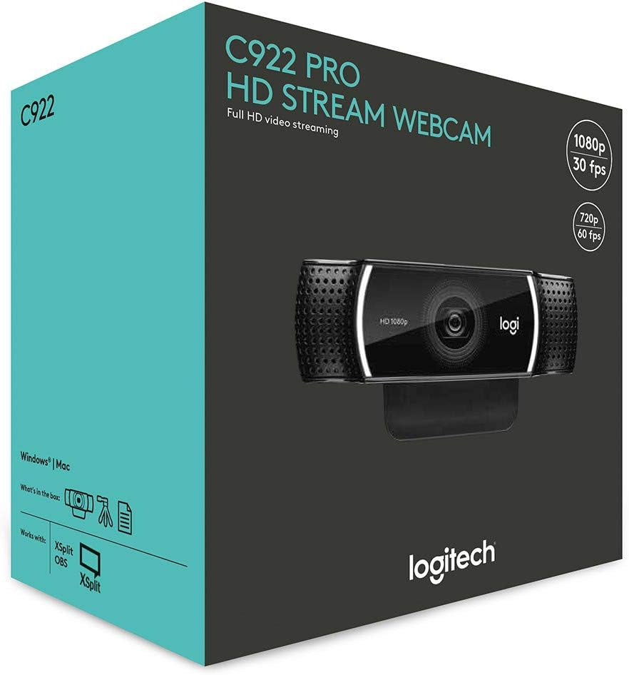 Logitech HD C922 Pro Webcam, 1080P Camera for Streaming Gaming Sessions, Background Replacement, Tripod Included
