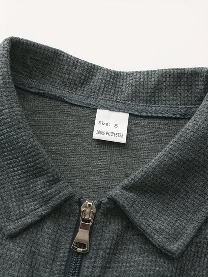 1 հատ տղամարդու ամենօրյա պոլիեսթերային կայծակաճարմանդով բաճկոն՝ օձիքով, միագույն, թեթևակի ձգվող, հյուսված կտորից, սովորական չափսերով, առանց աստառի - Գարուն/աշուն վերնազգեստ