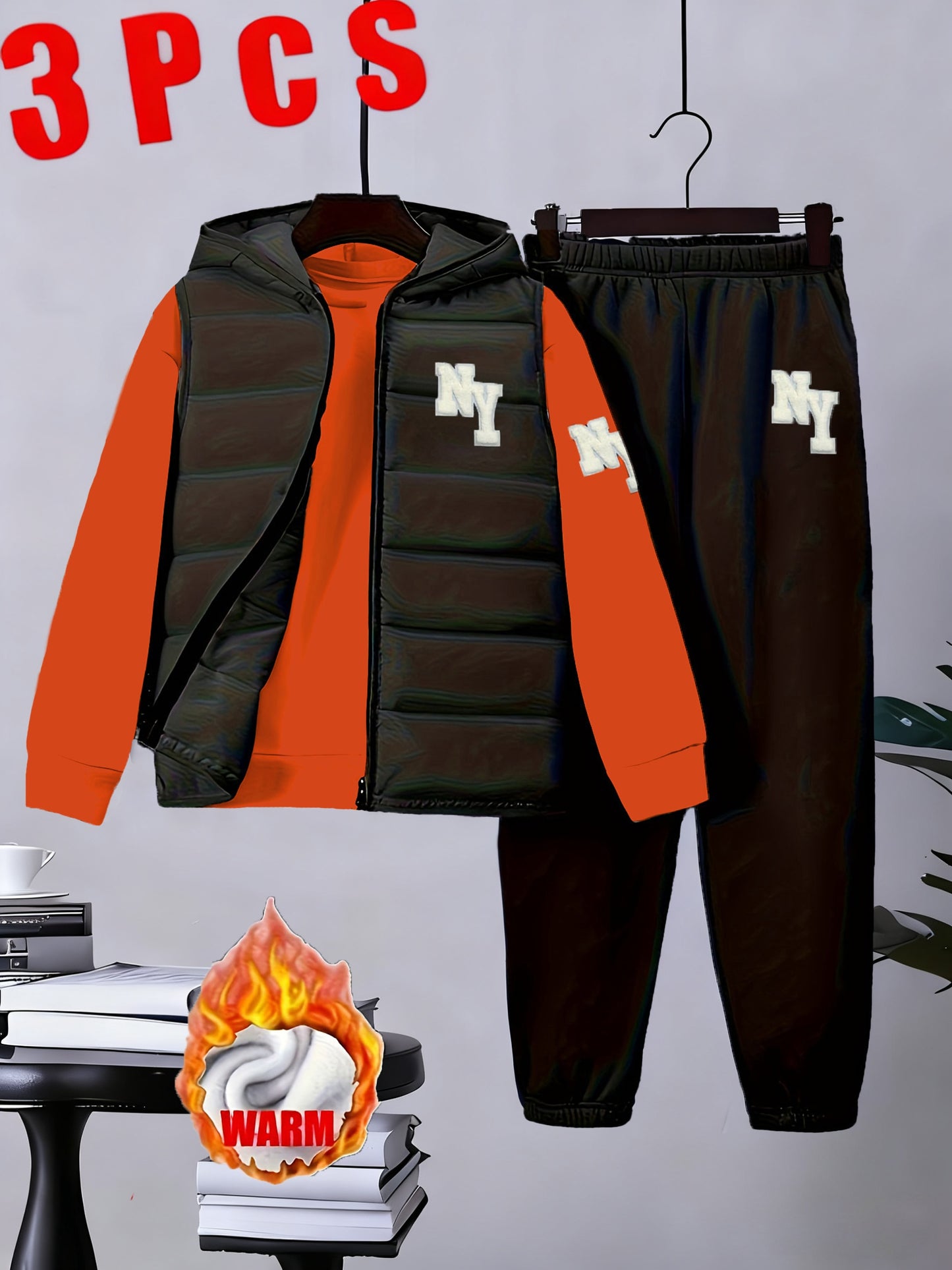 3pcs Boys' Winter Warm Uniform Set - NY Logo Lettered Jacket, Sweatshirt & Pants with Numbered Parch-Like Strips (8-12 Years) | Machine Washable 3pcs Outfit for, & Cold Weather | Non-Stretch Layered Clothing, Perfect for Outd