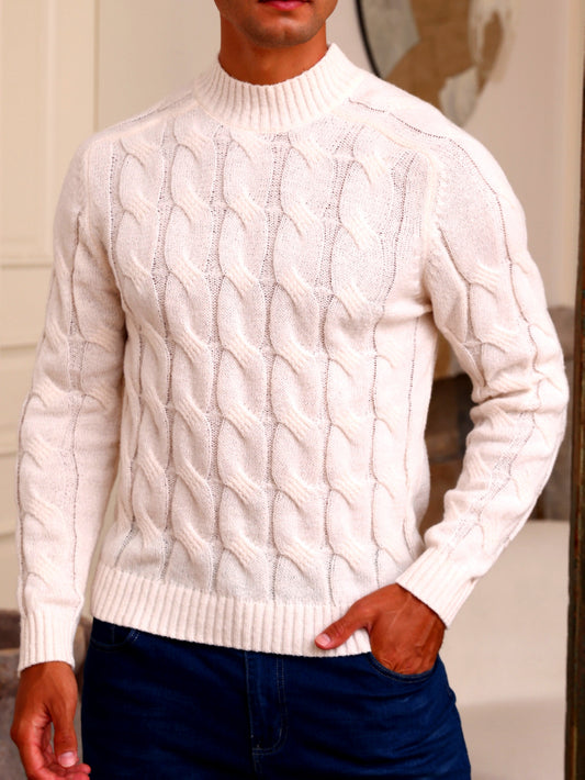 Autumn/Winter New Men's Warm High-Neck Pullover Knit Sweater, Business Casual Windproof Cable Knit Saddle Shoulder Sweater