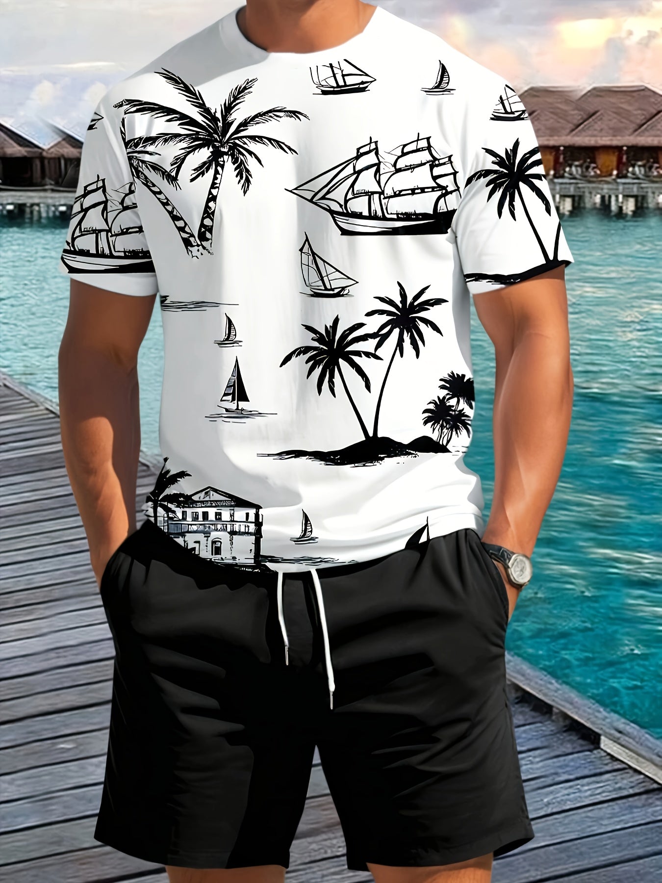 Men'S 2pcs Summer Outfit Set - Coconut & Yacht Print, Crew Neck, Knit Polyester 100%, Slight Stretch, Regular Fit, Casual Weekend Wear, 180gsm - Daily & Leisure Style