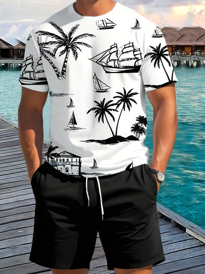 Men'S 2pcs Summer Outfit Set - Coconut & Yacht Print, Crew Neck, Knit Polyester 100%, Slight Stretch, Regular Fit, Casual Weekend Wear, 180gsm - Daily & Leisure Style