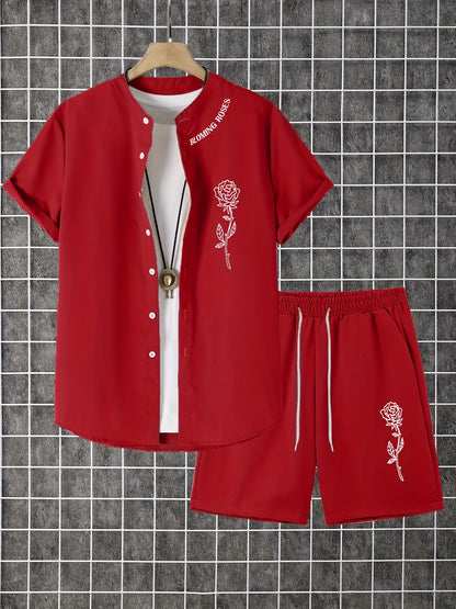 2 հատ տպագիր տղամարդու ամառային կարճ թևքերով կոճակներով վերնաշապիկի և շորտերի հավաքածու