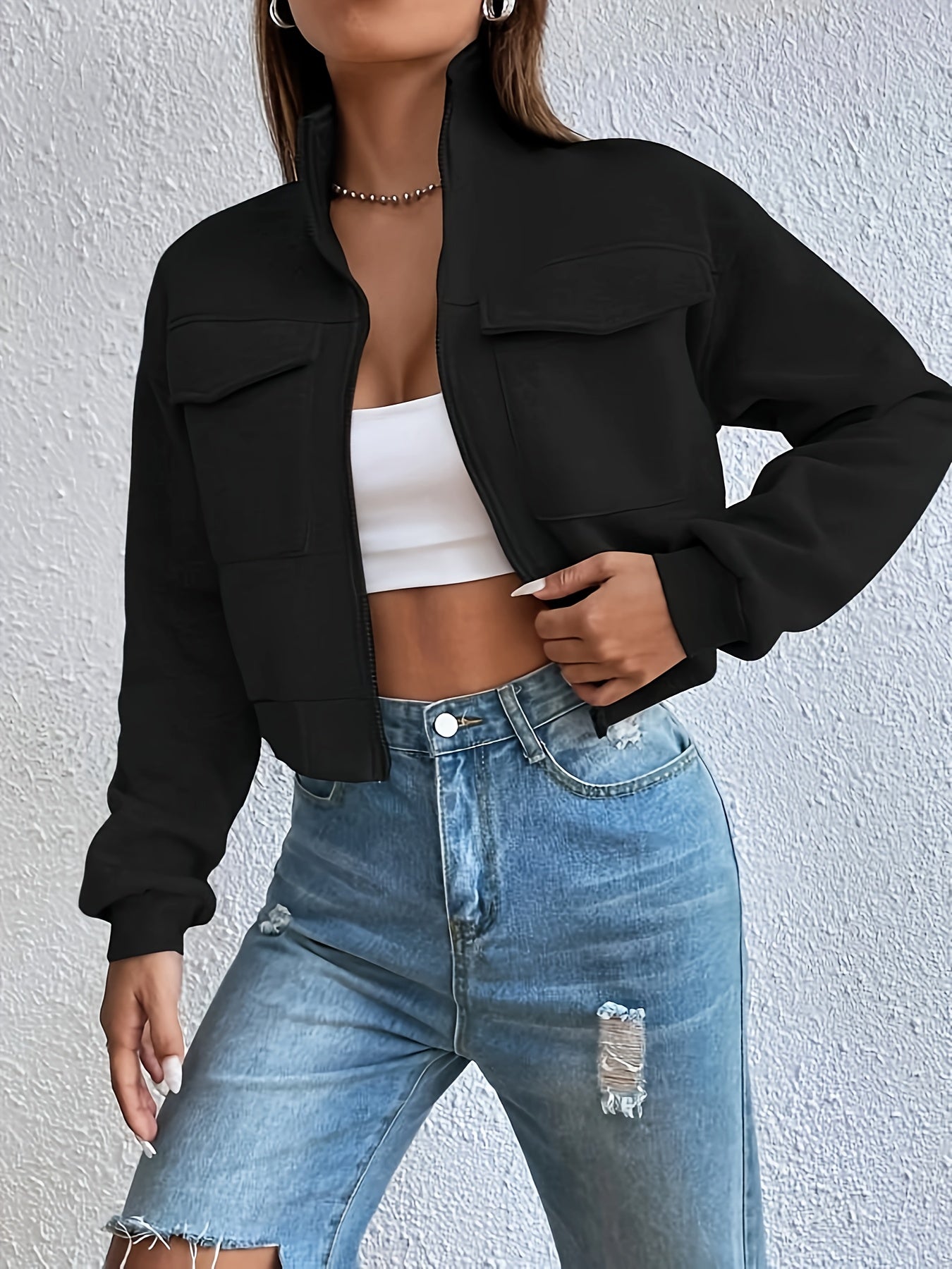 Zip Front Flap Pockets Jacket, Casual Turtleneck Crop Jacket For Fall, Women's Clothing - ayq