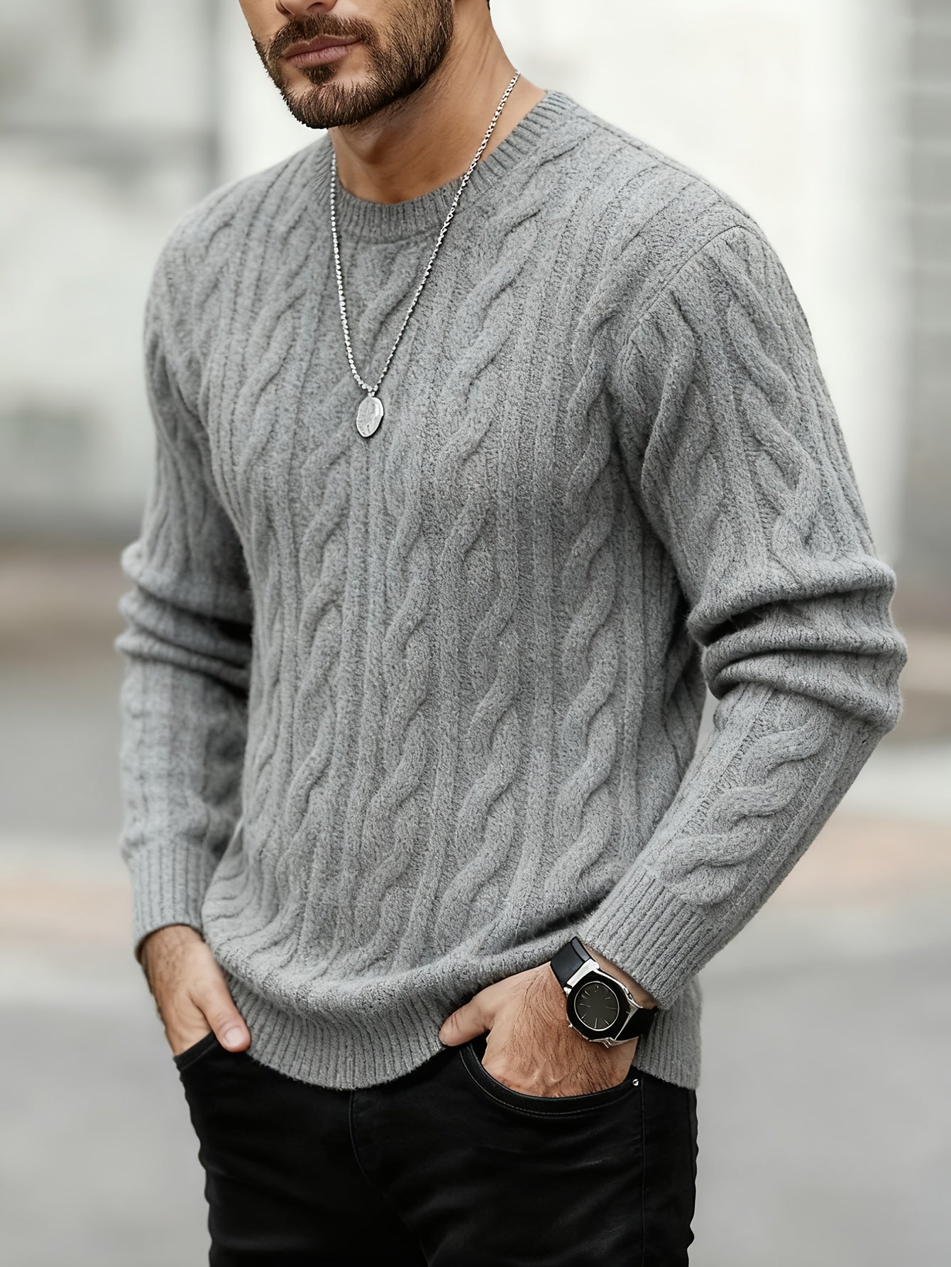 New Autumn-Winter Men's Casual Commuter Solid Color Crew Neck Knit Pullover