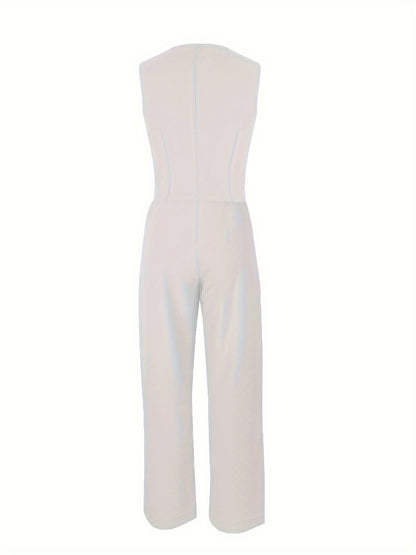 Միագույն ոճային տաբատներ, կոճակներով առջևի կեղծ գրպաններով անթև բաճկոն և բարձր իրանով ծալքավոր տաբատներ, կանացի հագուստ