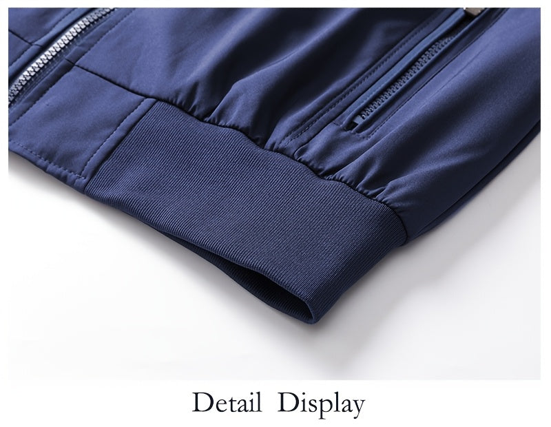 Տղամարդու առօրյա արքայական կապույտ բոմբեր բաճկոն՝ լիքը կայծակաճարմանդով, ազատ չափսերով, պոլիեսթերային, կանգնած օձիքով, երկար թևքերով, թեթև և դիմացկուն՝ գարնան և աշնան համար, առօրյա վերնազգեստ | երիզավոր թևքեր | դիմացկուն վերնազգեստ