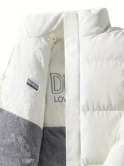 Men'S Double-Sided Fleece-Lined Thickened Jacket - Casual Stand Collar with Letter Print, Regular Fit, Pockets, Polyester Fill, Versatile for Fall/Winter, Winter Jacket