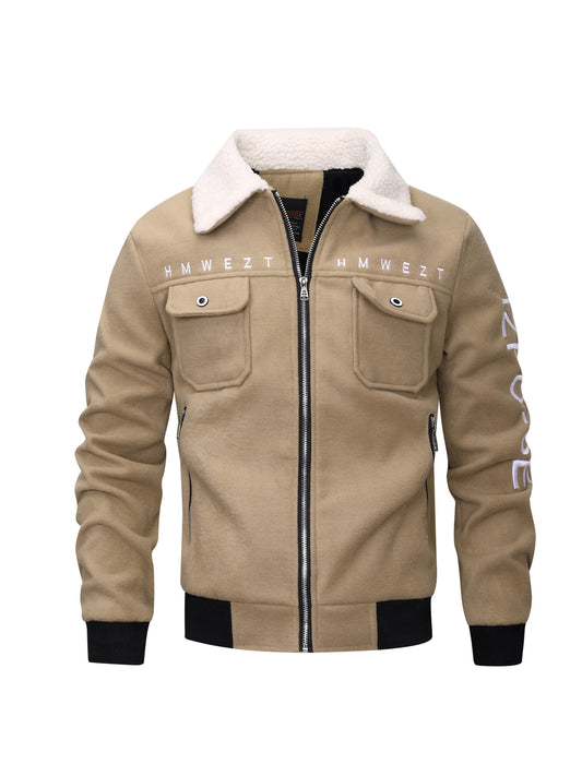 Men's Vintage Windproof Winter Jacket with Fleece & Horse Collar - Motorcycle Coat, Full-Zip Closure, Machine Washable, Brown/Black, Zippered Pockets - Cold Weather Outerwear for Riding & Casual Use