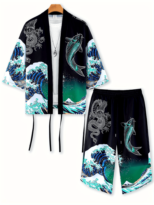 Տղամարդու կիմոնոյի հավաքածու՝ «Վիշապի դարպասի վրայով ցատկող կարպ» նախշով