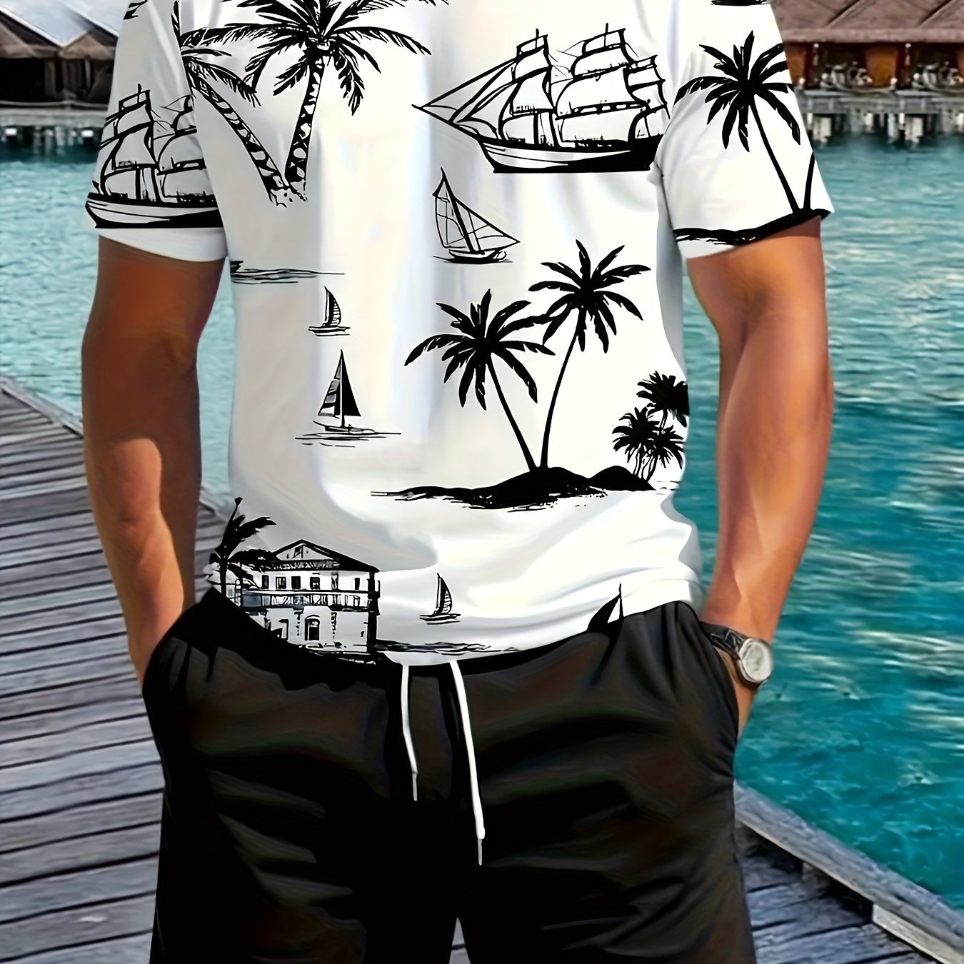 A set of 2 stylish Men's palm tree pattern summer fresh T-shirts and shorts, micro-stretch polyester knit fabric with a fitted fit, suitable for outdoor activities and family gatherings.