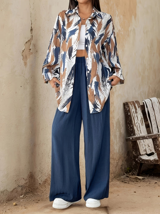 Կանացի էլեգանտ ծաղկային նախշերով բլուզ և լայն տաբատ - Թեթև պոլիեսթերից, կոճակներով վերնաշապիկ և գրպաններ, իդեալական է գարուն/ամառ, առօրյա հագուստի համար | Ծաղկային նախշերով վերնաշապիկ | Պոլիեսթերային գործվածք