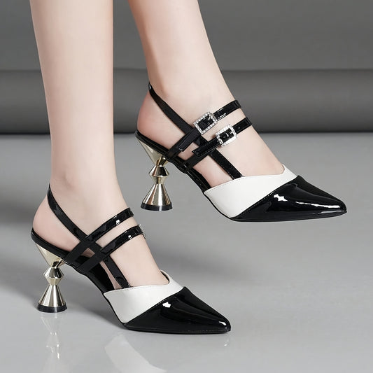 Women'S Black  White Block Heel Pumps - Pointed Toe, Synthetic Cover, Rubber Sole, High Heel Dress Shoes for Summer, Elegant Office  Formal Wear, High Heel Shoe