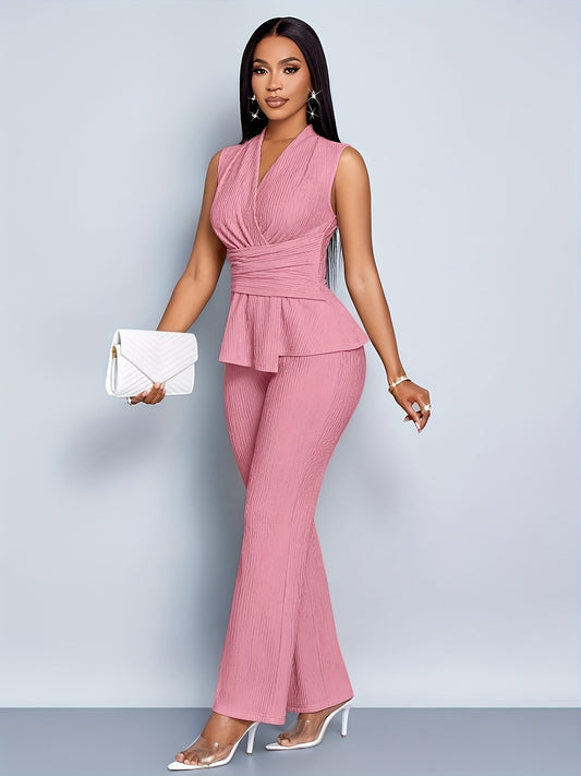 Women's Elegant V-Neck Sleeveless T-Shirt and Wide-Leg Pants Two-Piece Set, Asymmetrical Hem Casual Spring/Summer Outfit