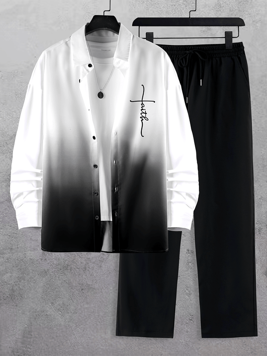 Men's Trendy Gradient Print Collar Long Sleeve Shirt and Pants Fashion Set
