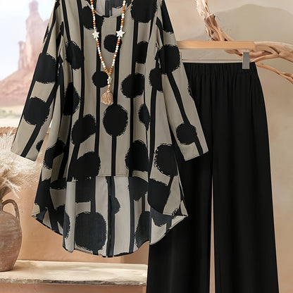 Կանացի երկկտոր հավաքածու՝ երկրաչափական նախշերով, կլոր վզով, երկար թևքերով, ազատ եզրով առջևի կարճ վերնաշապիկով և տաբատով, առօրյա ոճի, ամառային/աշնանային հագուստ, միջին երկարության վերնաշապիկներ, միագույն տաբատ, երկար թևքերով հագուստ