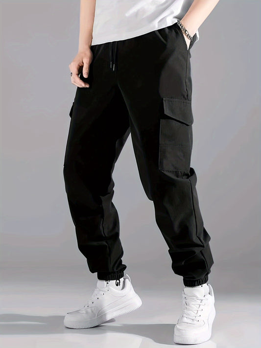 Men's Casual Athletic Cargo Pants - Solid Color, Polyester, Machine Washable with Multiple Pockets