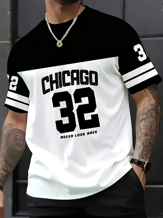 Men's Chicago 32 Graphic T-Shirt - Sporty Casual Short Sleeve Tee with Full-Body Print, Round Neck, Black  White Color Block Design, Machine Washable Summer Top for Outdoor  Casual Attire, Chicago T Shirt, Digital Print Shi