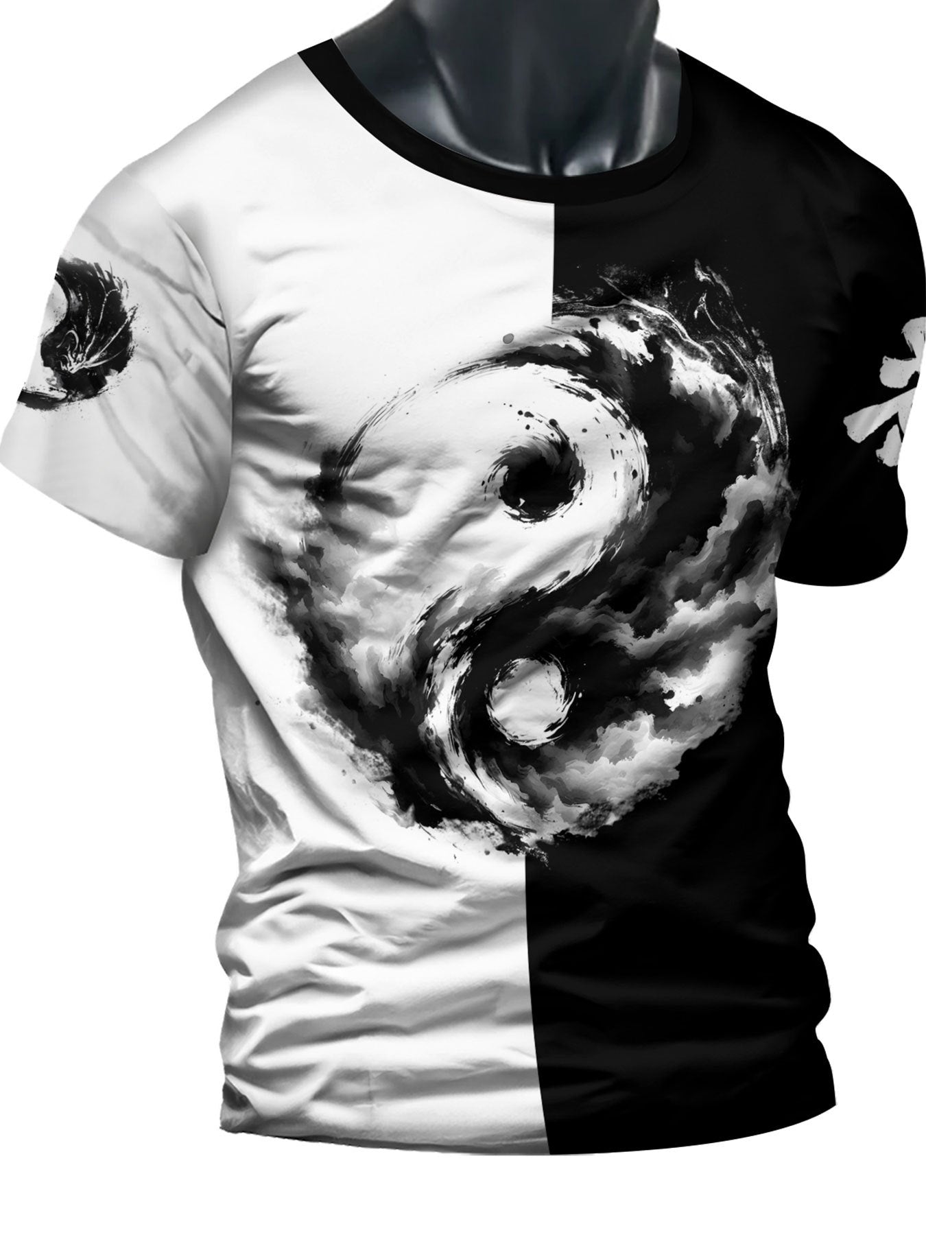 Տղամարդու Յին Յանգ 3D տպագրությամբ մարզաշապիկ՝ առօրյա, կլոր վզնոցով պոլիեսթերային մարզաշապիկ, թեթևակի ձգվող տրիկոտաժե գործվածք, սովորական չափս, 100% պոլիեսթերային մանրաթել, 100 գ/մ²