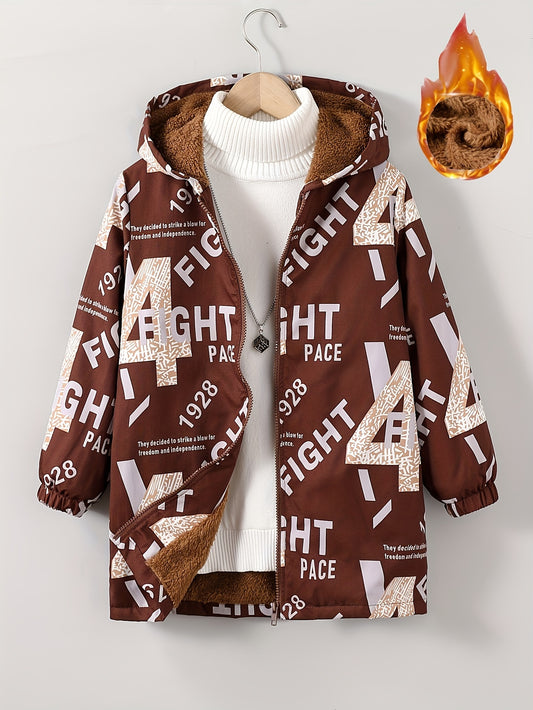 Boys' Cozy Jacket with Letter Print - Casual & Warm Windproof Outerwear for Fall/Winter - ayq