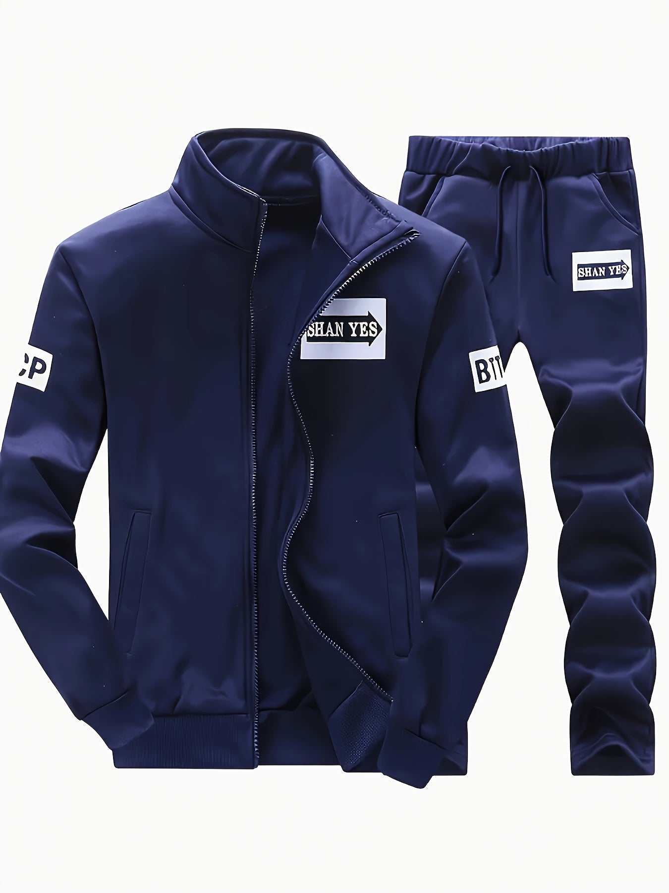 Տղամարդու մուգ կապույտ "Shan Yes" տպագրությամբ սպորտային հագուստ - ճարմանդով բաճկոն և գրպաններով մարզական տաբատ, ստանդարտ ֆիթ, գարնան և աշնան համար, հարմարավետ հանգստի հագուստ, հանգստի բաճկոն | սպորտային բաճկոն | ճարմանդով փակում, անհրաժեշտ բաճկոն