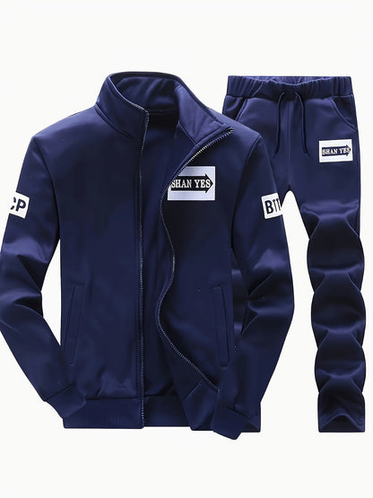 Տղամարդու մուգ կապույտ "Shan Yes" տպագրությամբ սպորտային հագուստ - ճարմանդով բաճկոն և գրպաններով մարզական տաբատ, ստանդարտ ֆիթ, գարնան և աշնան համար, հարմարավետ հանգստի հագուստ, հանգստի բաճկոն | սպորտային բաճկոն | ճարմանդով փակում, անհրաժեշտ բաճկոն